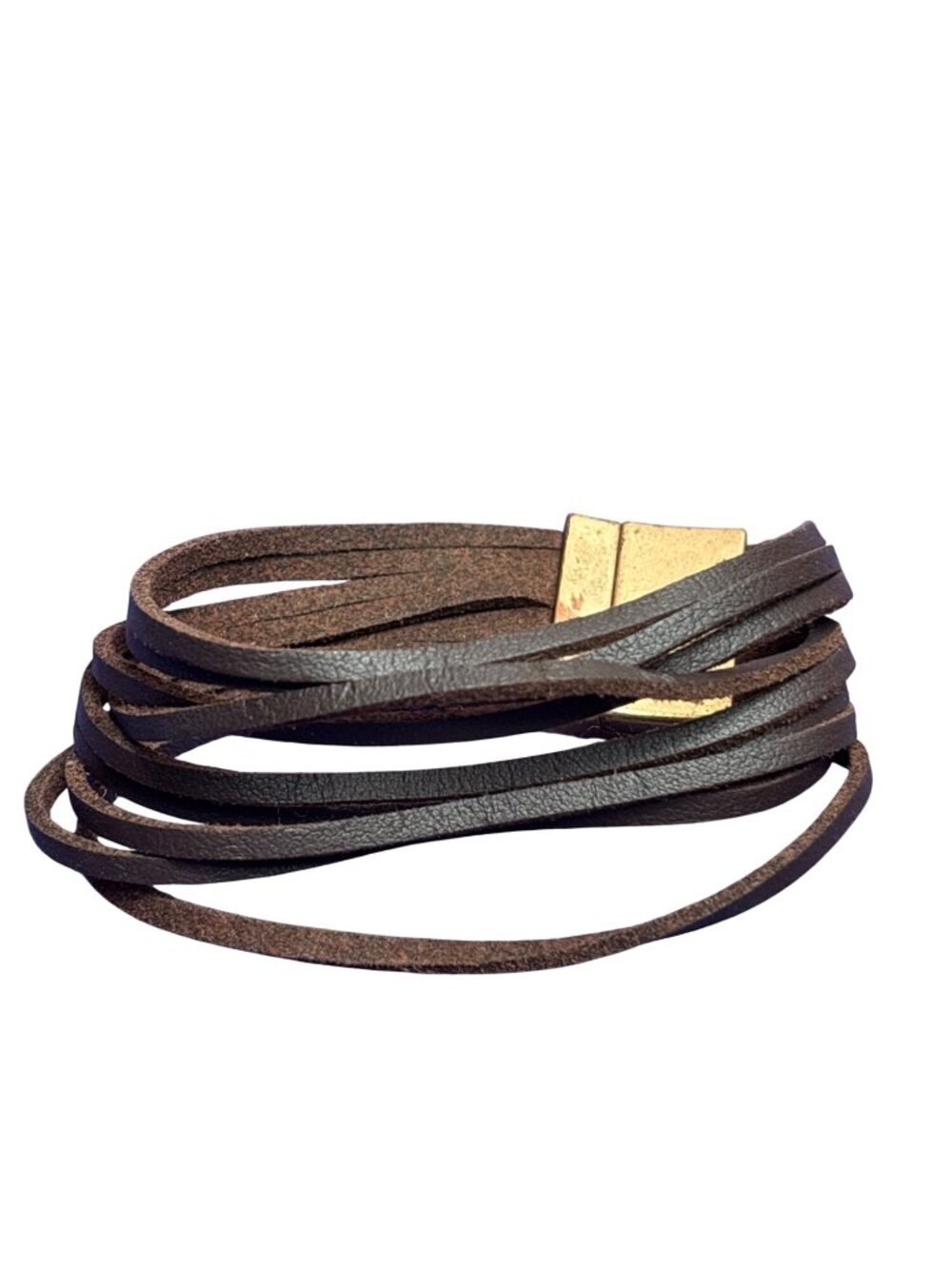 Multi Strand Brown Leather Cord Bracelet Goldtone Magnetic Clasp 6.5 inches